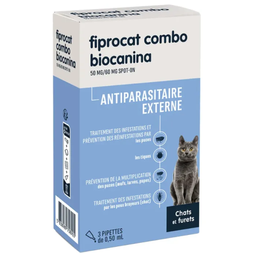 ANTIPARASITAIRE EXTERNE - Fiprocat Combo Spot-On - Chats et Furets, 3 Pipettes de 0.50 ml